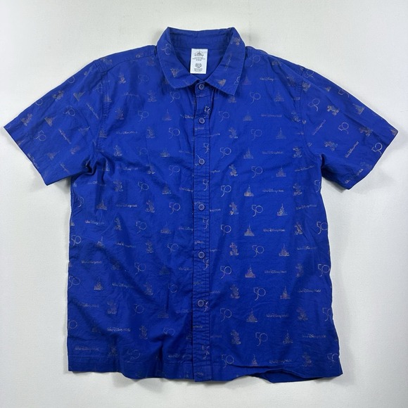 Disney World 50th Anniversary Shirt Mens Medium Blue‎ Button Up all over print - Picture 1 of 8